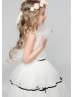 Ivory Black Stripe Ruffle Tulle Illusion Pearl Buttons Back Flower Girl Dress